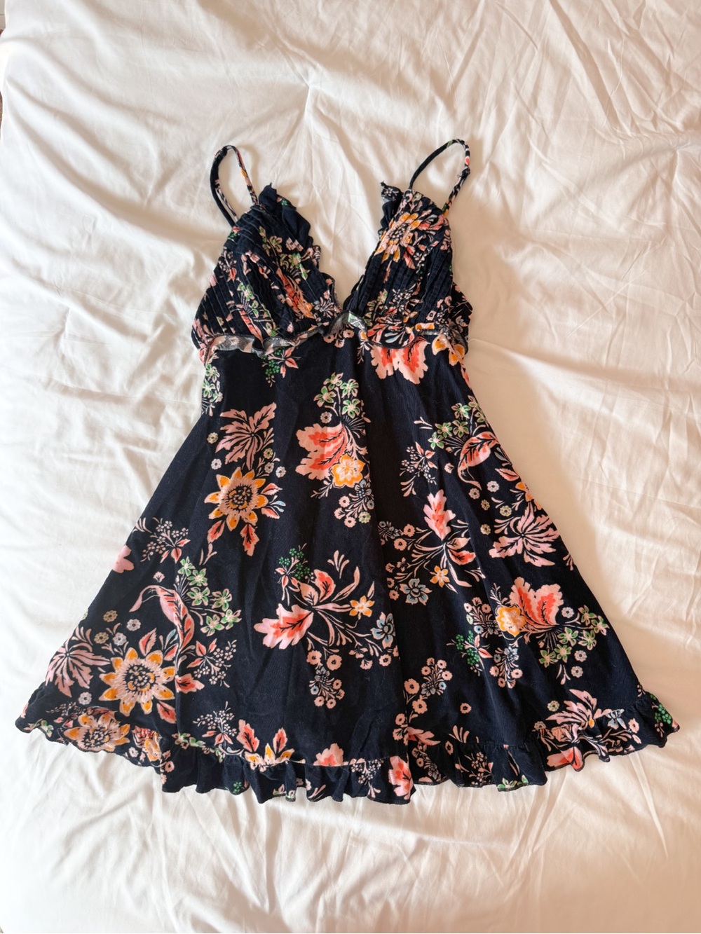 Free People Navy Blue Floral Ruffle Mini Dress Size XS